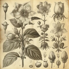 Old Engraving Illustrations Botanical Flower Engravings. Sepia-toned collection of botanical flower...