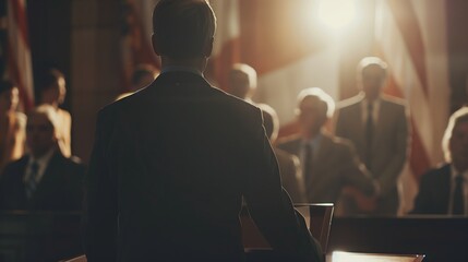 a man in a suit is giving a speech in front of a group of people - obrazy, fototapety, plakaty
