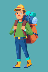 Fototapeta premium Vector illustration of a backpacker with a lot of stuff on its back.