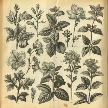 Old Engraving Illustrations Botanical Flower Engravings. Sepia-toned collection of botanical flower engravings, showcasing intricate details and textures