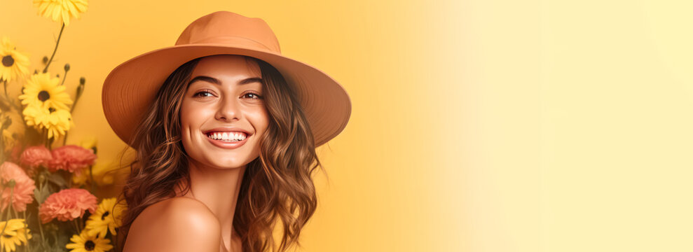 A woman with long hair is smiling and holding a yellow flower.