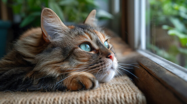 A tricolor cat lies and looks out the window, close-up of its face. High quality photo