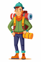 Fototapeta premium Vector illustration of a backpacker with a lot of stuff on its back.