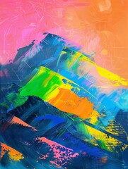 An abstract representation of a mountain range, featuring jagged peaks and deep valleys in a variety of vibrant colors