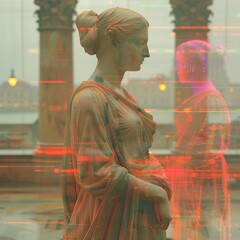 statue futuristic glitch art vaporwave voxels art. Classical Statue with Digital Overlay. Statue portrait overlaid with digital, cybernetic patterns.
