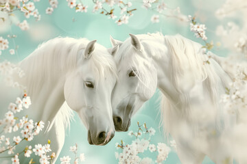 Two white horses among white flowers on a mint background