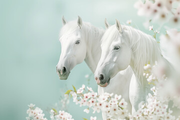 Two white horses  surrounded the white spring flowers on a mint background - 768267494
