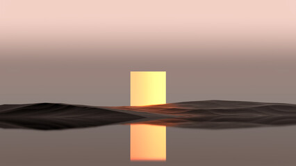 Glowing orange square on a rocky island, mountainous surface near water. Fantastic abstract landscape of glowing square on the horizon of island, sky and water,wallpaper.3D render