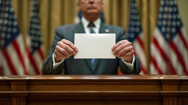 Man in suit gestures with thumb on paper in front of US flag