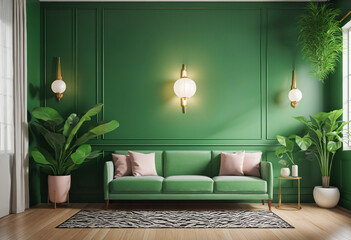 Art Deco interior design with lamp, and lush greenery on green wall. Bright lighting and...