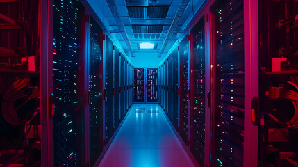 A modern data center illuminated with red and blue lights, showcasing rows of servers, intricate cable management, reflecting technological excellence - obrazy, fototapety, plakaty
