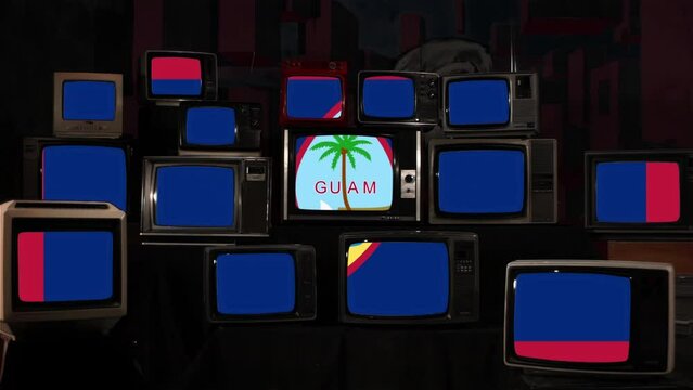 Flag of Guam and Vintage Televisions. 4K Resolution.