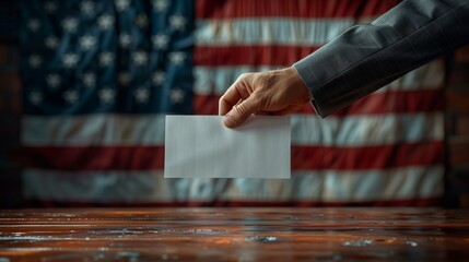 A person is sliding a ballot into a sleeve in front of an American flag - obrazy, fototapety, plakaty