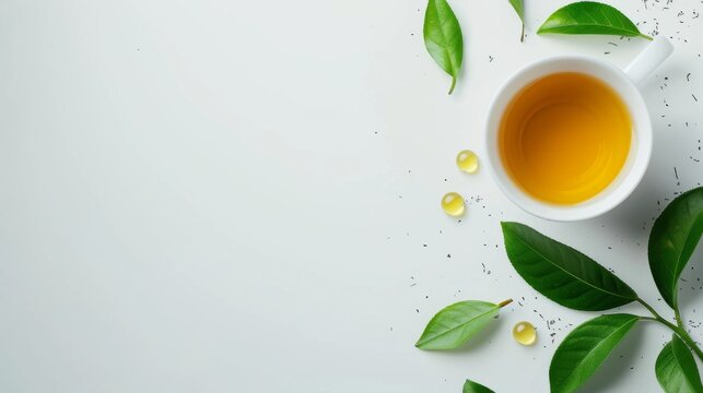 Green tea leaves and cup on white background. Healthy beverage concept. A serene setting with a cup of green tea surrounded by lush leaves, creating a tranquil atmosphere.