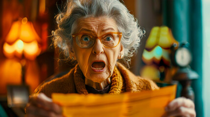 Shocked senior elderly woman is upset about the tax and monthly utility bill for electricity and heating. Financial crisis bad news. - obrazy, fototapety, plakaty