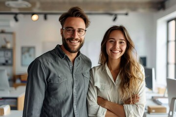 Two happy co-workers in a bright modern office, portraying a friendly work environment