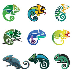 set of chameleon vector elements, animal, art, artwork, background, cartoon, chameleon, chameleon lizard, chameleon logo, character, cheerful, collection, colorful, creative, cute, decoration, design