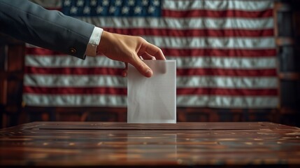 Hand putting ballot in box in front of American flag