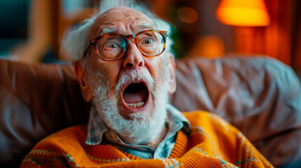 Elderly man is upset by the news on TV about the price increase. Senior old mature man is sad, confused, surprised. Financial crisis bad news.