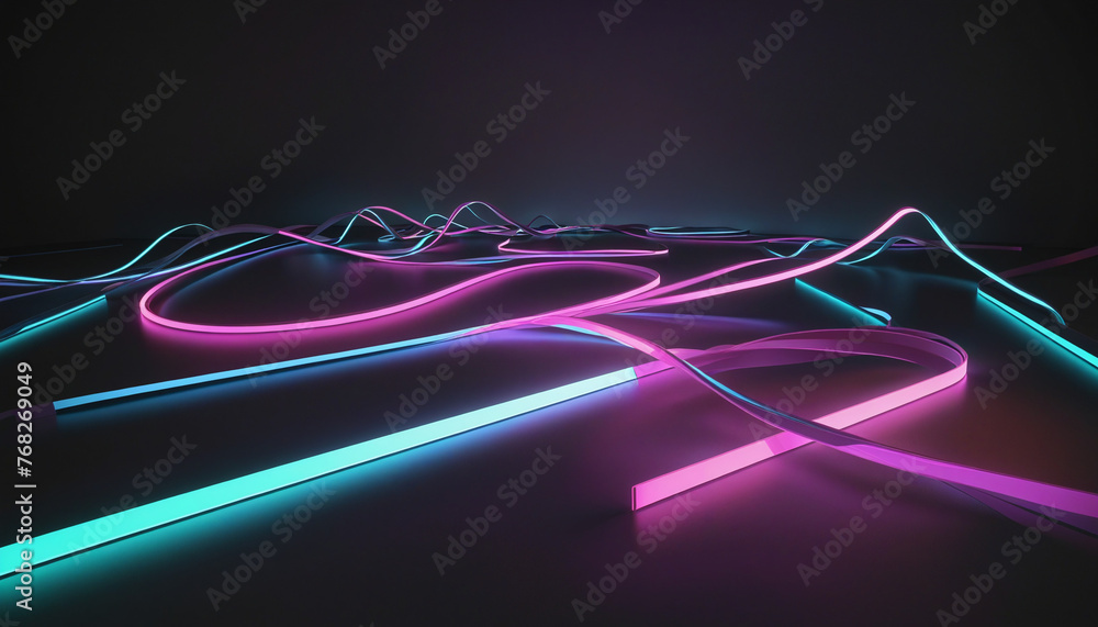 Poster 3d render. abstract neon background. dynamic lines glowing in the dark with floor reflection. folded