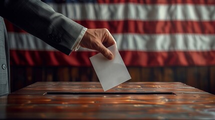 Hand with thumb inserting ballot into box in front of American flag - obrazy, fototapety, plakaty