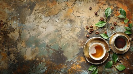 Rustic coffee cup and saucer with scattered coffee beans and leaves on a dark background. The cup...