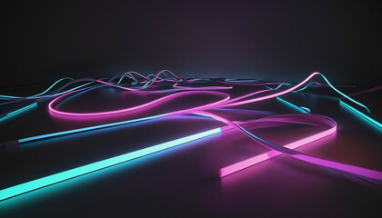 3d render. Abstract neon background. Dynamic lines glowing in the dark with floor reflection. Folded colorful ribbon