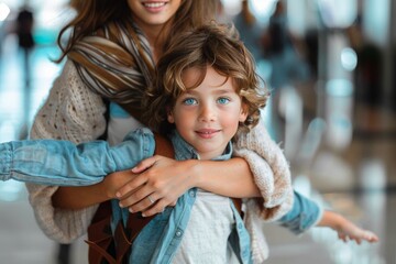 Obraz premium Portrait of a joyful boy smiling while piggybacking, indicating feelings of comfort and security