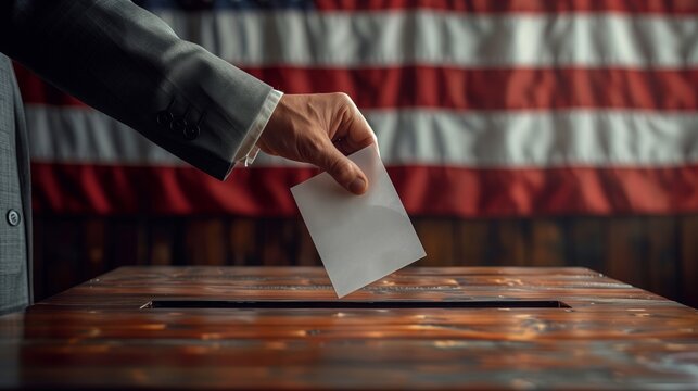 Hand with thumb inserting ballot into box in front of American flag