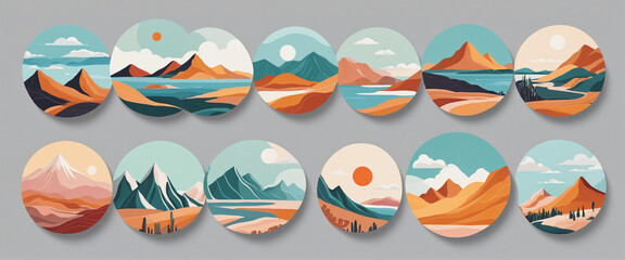 Set of abstract mountain landscape circle icon collection. Trendy flat collage art style dots of diverse travel scenery for social media story highlight. Nature environment biomes, multicolor hills. 