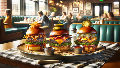 Three Gourmet Burgers on Wooden Table in Diner - obrazy, fototapety, plakaty
