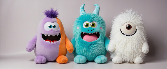 cutout set of 3 stuffed friendly cute monster beasts plushie stuffed teddy toys isolated on transparent png background