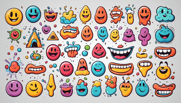 Funny melting smiling happy face colorful cartoon set. Retro psychedelic drug effect smile icon cllection on isolated background. Trendy character doodle graphic bundle.