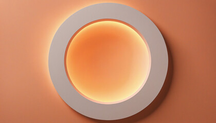 3d rendering, abstract minimalist geometric background. Warm orange light. Round hole in the wall, glowing in the dark