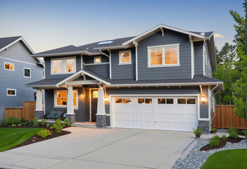 Fototapeta na wymiar The Modern craftsman style home in Northwest, USA has a truly impressive curb appeal. It stands out with its beautiful landscaping, gray siding, large windows, and a Frosted Glass Garage Door.