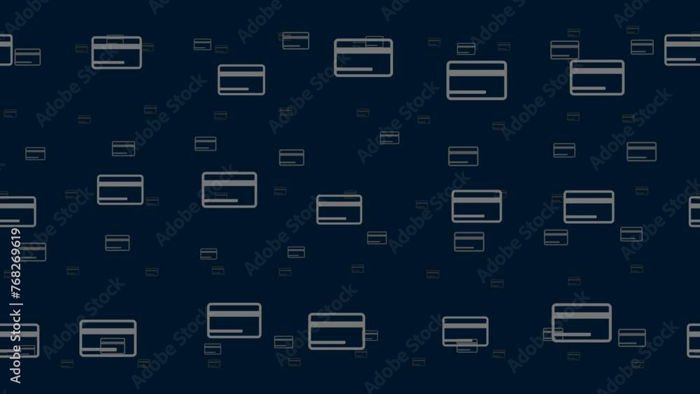 Poster credit card symbols float horizontally from left to right. parallax fly effect. floating symbols are