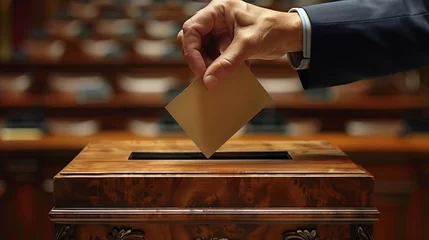 Fototapeten The person is inserting a ballot into a wooden ballot box with a gesture © orientka