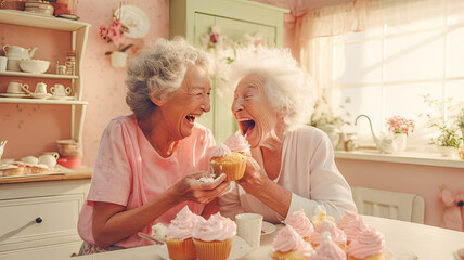 Two elders in kitchen, laughing, baking.