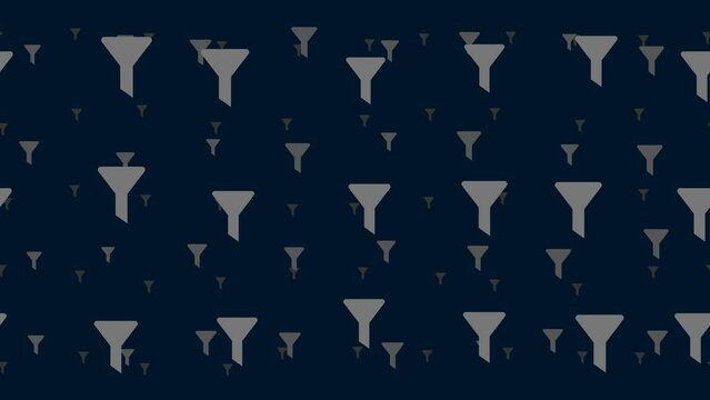 Funnel symbols float horizontally from left to right. Parallax fly effect. Floating symbols are located randomly. Seamless looped 4k animation on dark blue background