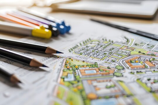 master plan of urban landscape design or urban architecture drawing with drawing tools, color markers, scale rulers on the table. Real estate advertising
