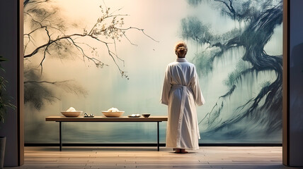 Irreconizable figure in Asian attire, hair bun, engrossed by large oriental painting.