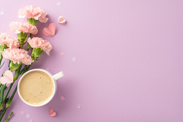 Mother's Day tasteful arrangement: Top-view photo of macchiato, blooming flowers, small hearts, and confetti on a pastel purple backdrop, with area for text or marketing