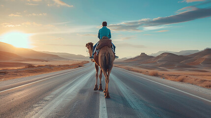 pessoa andando de camelo pelas estradas - obrazy, fototapety, plakaty