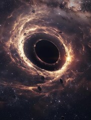 A black hole is at the center of a galaxy, pulling in matter with immense gravitational force