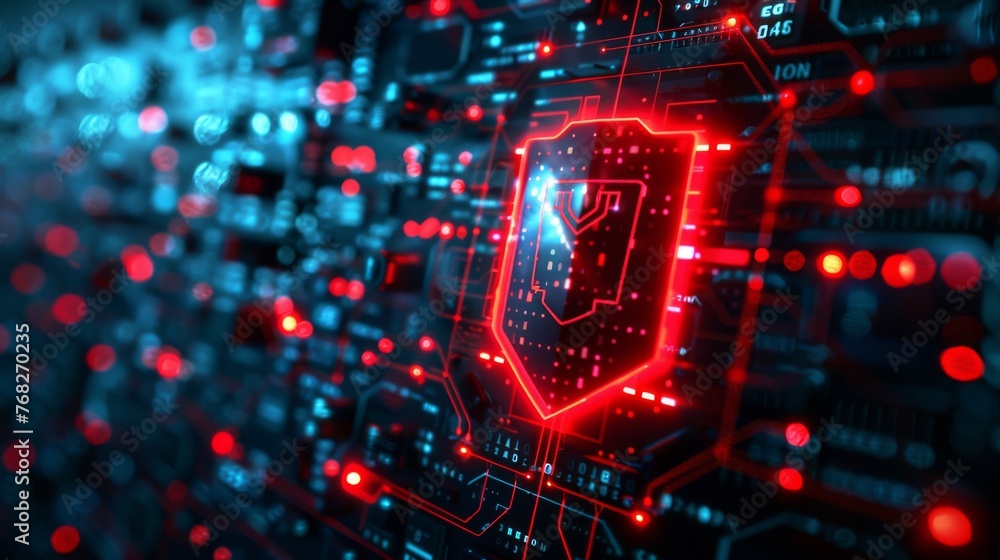 Poster detailed close-up of a firewall blocking incoming cyber attacks, demonstrating the role of defense m
