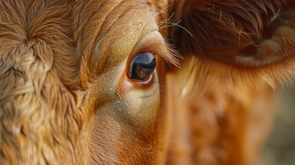 Capturing a precise close-up of a cow's ear, one can witness its subtle twitching in reaction to nearby sounds, underscoring the exceptional sensory abilities inherent in farm animals. - obrazy, fototapety, plakaty