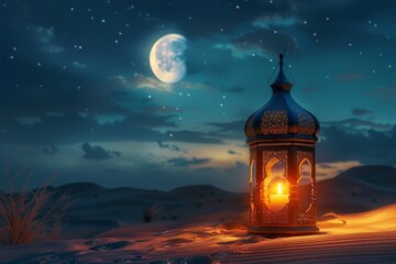 Islamic greeting Eid Mubarak cards for Muslim Holidays.Eid-Ul-Adha festival celebration.Arabic Ramadan Lantern on wooden table.Decoration lamp. Crescent moon and the stars. High quality photo