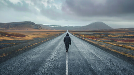 pessoa caminhando sozinha por uma longa estrada - obrazy, fototapety, plakaty
