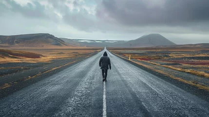 Rolgordijnen pessoa caminhando sozinha por uma longa estrada © Alexandre