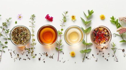 Four glass cups filled with various types of tea on a white surface. Green, black, herbal, and fruit teas are displayed with dry leaves and flowers around them for a charming presentation. - obrazy, fototapety, plakaty